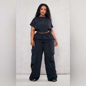 PrettyLittleThing Plus Black Nylon Wide Leg Cargo Pants